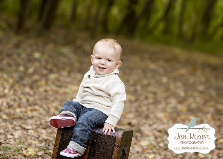 Jen Moser Photography family and children photographer, fort wayne, indiana, matea park, fall leaves, one year old session boy, laughing boy on trunk