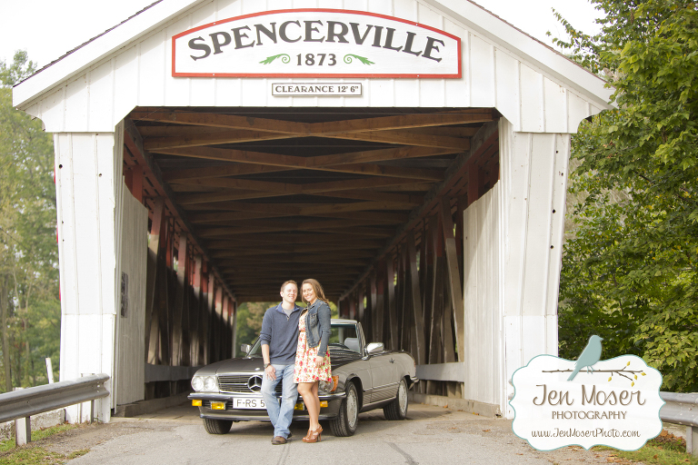 Jen Moser Photography_ Indiana Photographer_ Engagment photography_ Spencerville Covered Bridge_ Spencerville, Indiana engagement photography_engagement photo shoot with fancy car