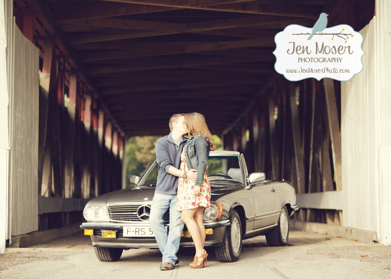 Jen Moser Photography_ Indiana Photographer_ Engagment photography_ Spencerville Covered Bridge_ Spencerville, Indiana engagement photography_engagement photo shoot with fancy car kissing