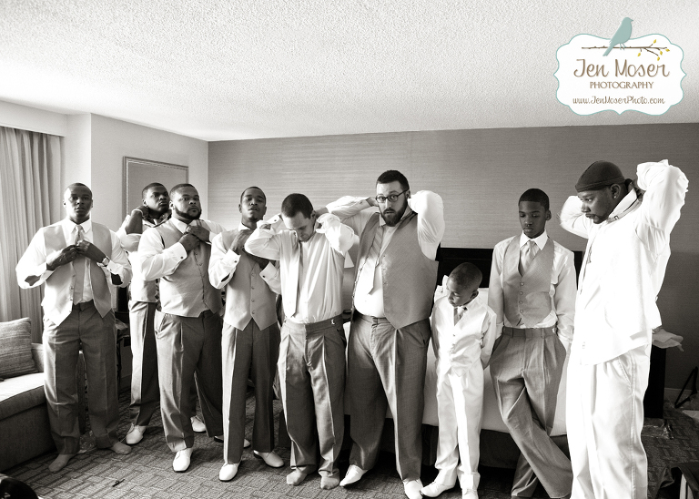 Jen Moser Photography_ Indiana Photographer_ Wedding Photography_ Wedding at The Grand Wayne Center Fort Wayne, Indiana_Indiana Wedding Photographer_groom and groomsmen getting ready
